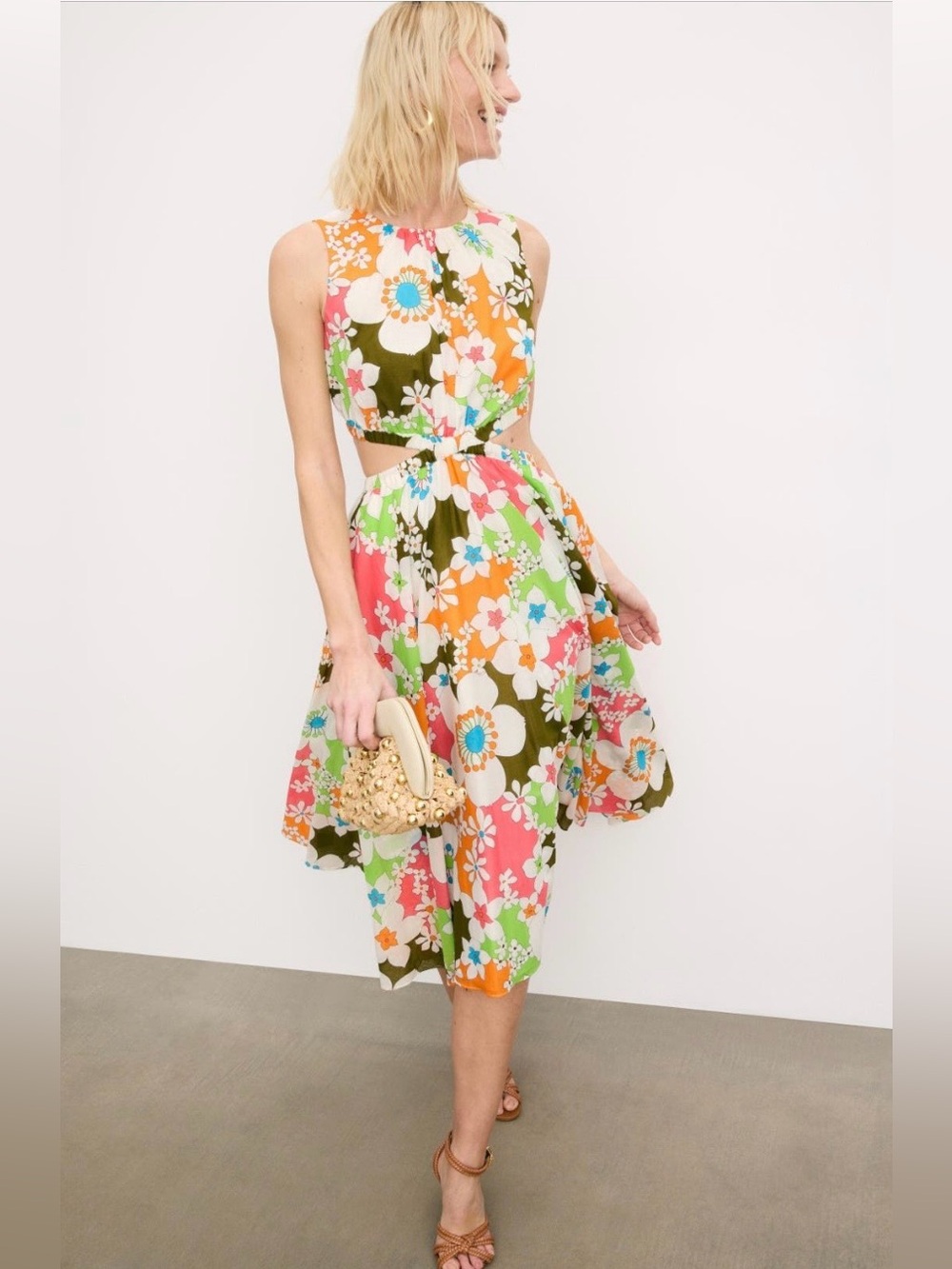 Trina Turk~Pink Orange Green Floral Artimo Cutout Midi Dress~Size Small~$398~